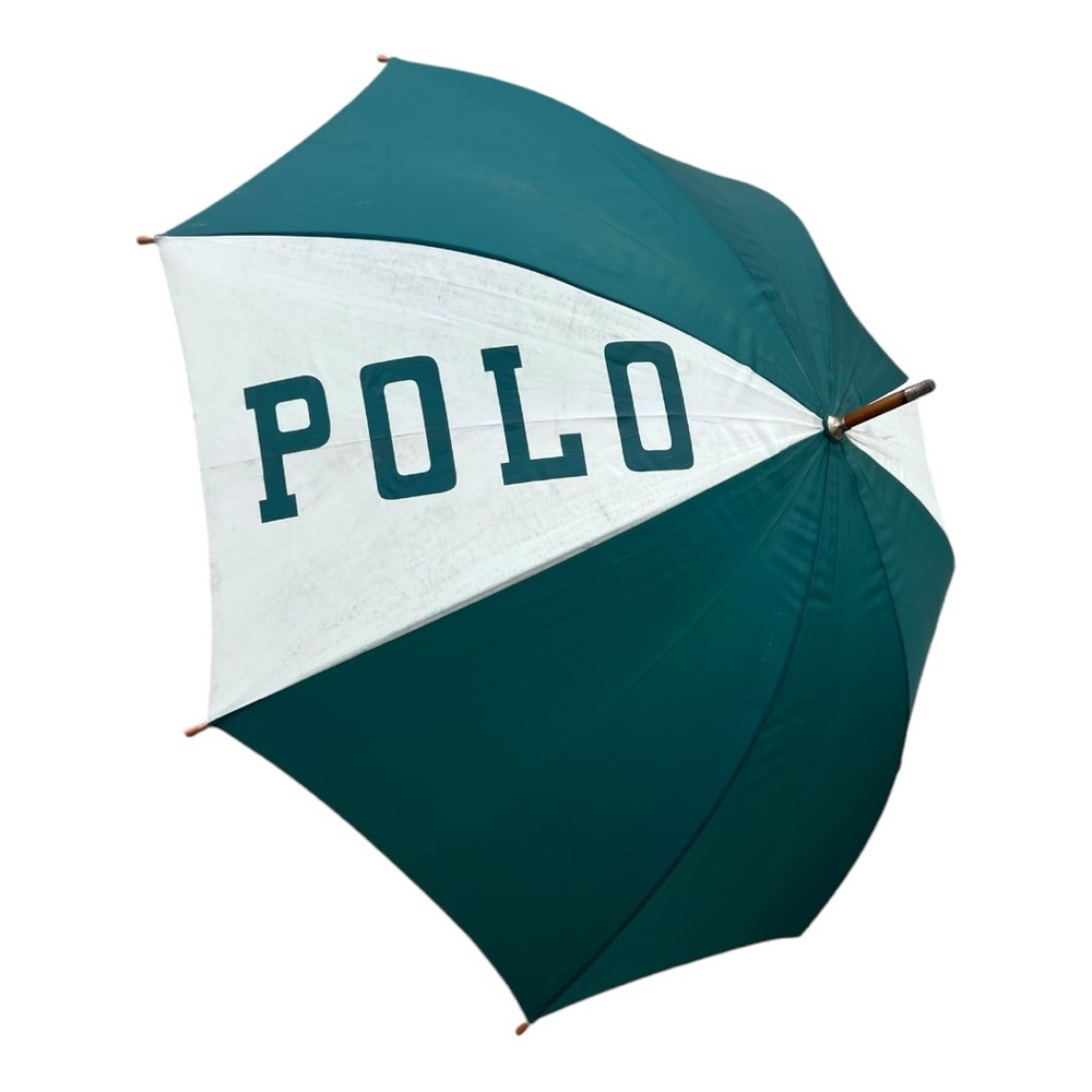 90's Vtg Ralph Lauren Green White Stripe POLO Varsity Golf Umbrella Wood *read